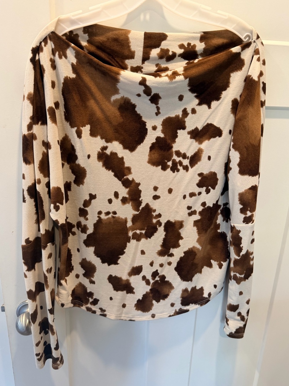 FSL Apparel Cow Print Off Shoulder Top Small Western Rodeo Country Brown Cream